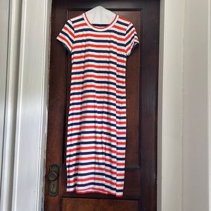 J. Crew Blue and Orange Striped midi Tee Shirt Dress. Sz M